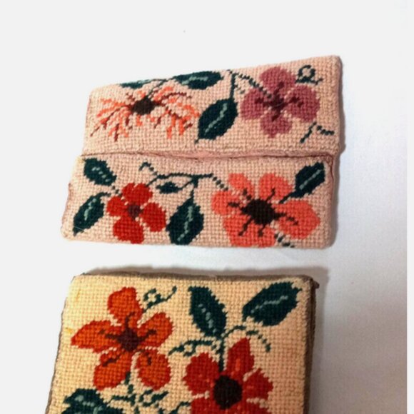Vintage Handmade Needlepoint Coin Purse & Tissue Holder Set Floral Embroidery - Picture 2 of 3